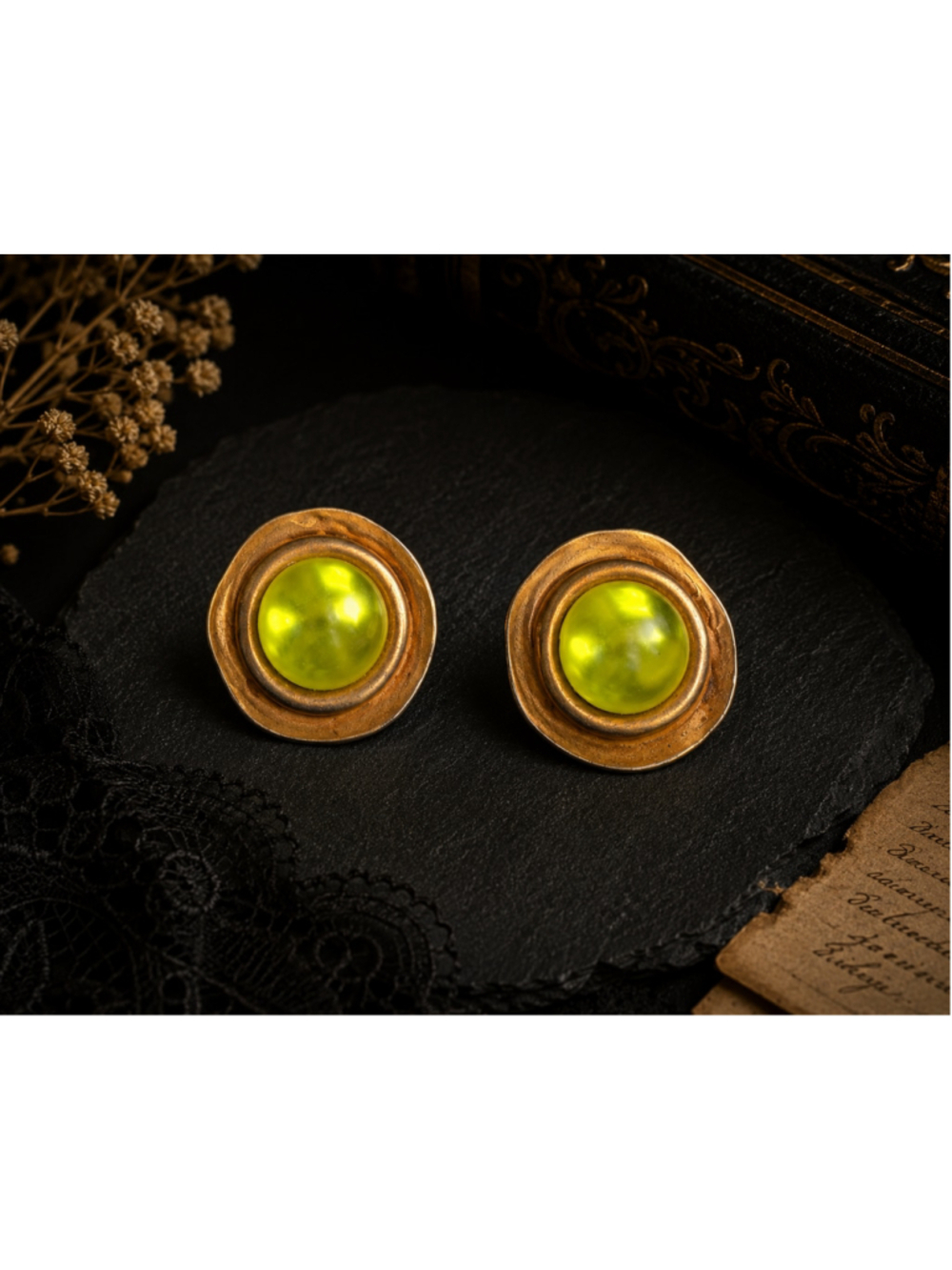 Vintage Lime Green Lucite Cabochon Clip On Earrings Gold Tone Mod Retro 1970s